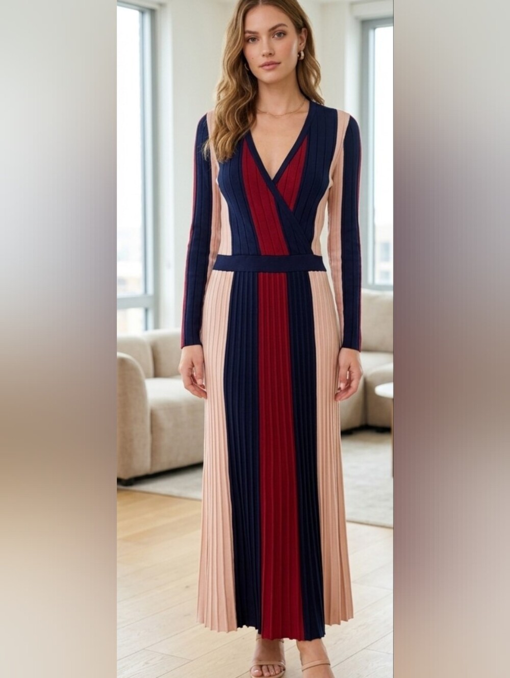 Adelyn Rae Long Sleeve Striped Maxi Dress in Navy, Burgundy & Blush